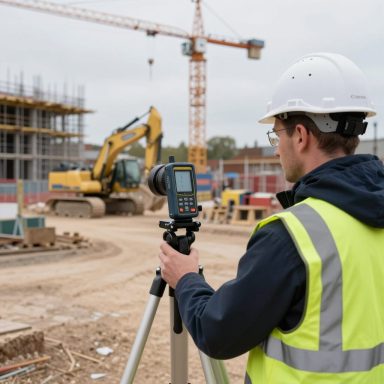 Acoustic consultant carrying out construction noise monitoring using a sound level meter at an active development site