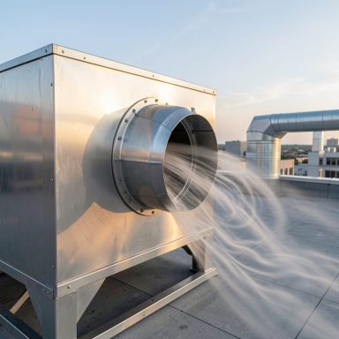 Noise and Odour from Industrial ventilation unit on a rooftop against a clear sky.