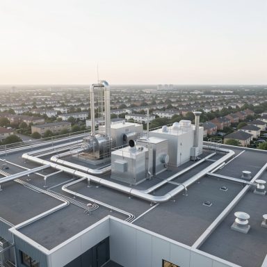 Mechanical plant at a commercial site assessed for potential residential impact under BS4142 noise guidance.