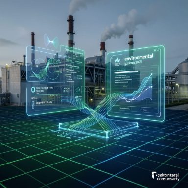 Digital analytics interface overlaying an industrial landscape with smokestacks.