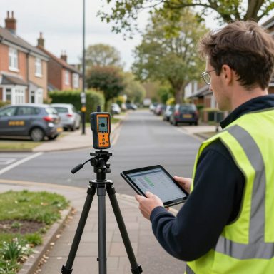 Acoustic consultant carrying out noise monitoring using a sound level meter at a residential site